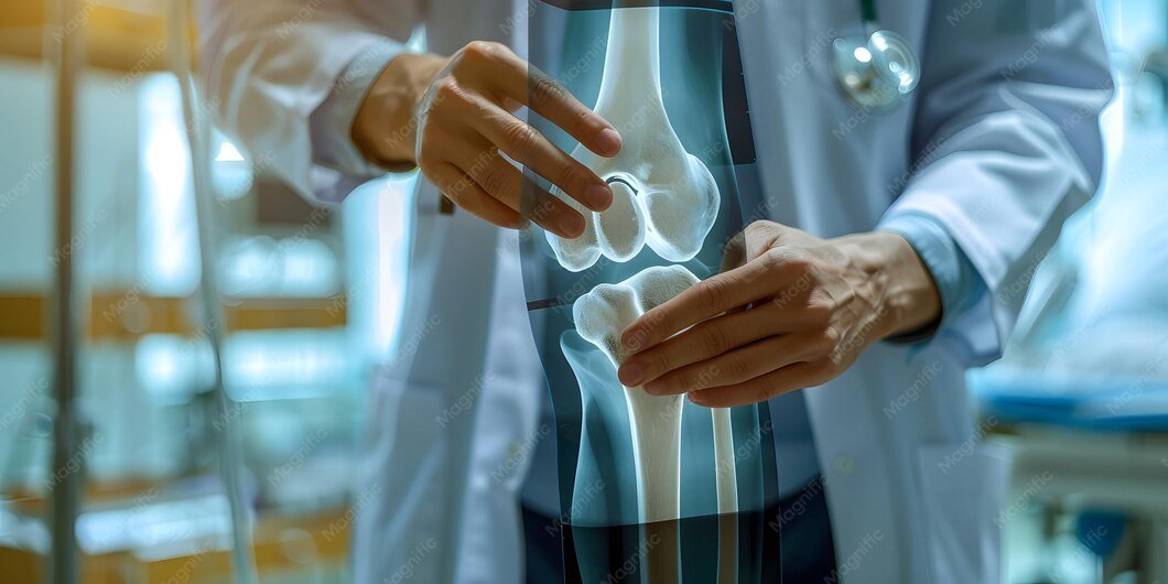 Orthopedic knee X-ray reviewed by a specialist